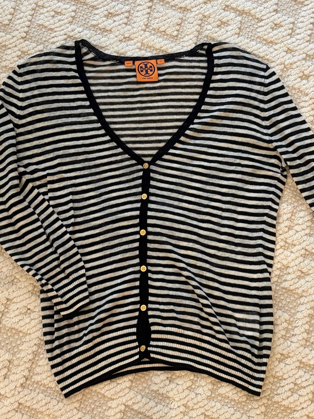 Tory Burch Black & Cream Striped V-Neck Cardigan with Gold Buttons